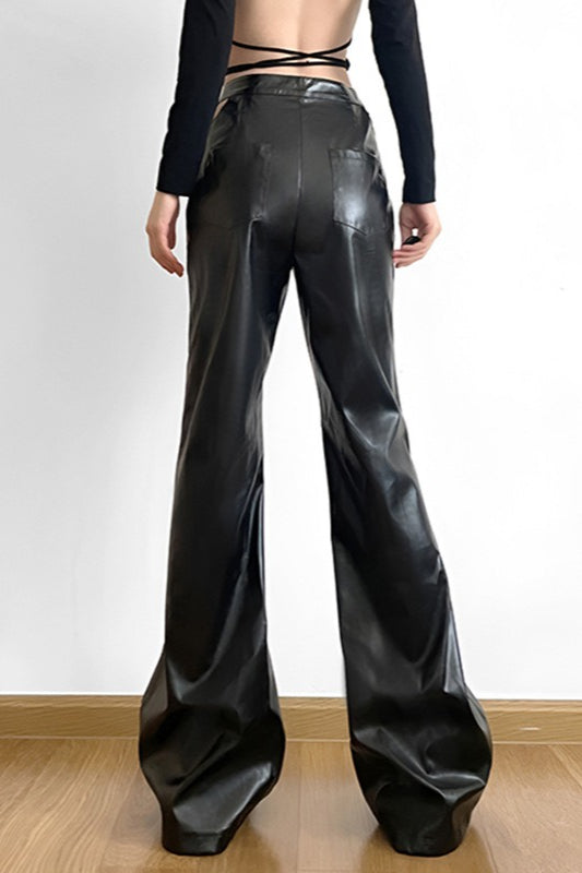 Cutout Buckle Faux Leather Wide Leg Pants