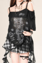 Subculture Loose Lace Sheer Printed Off-Shoulder T-shirt