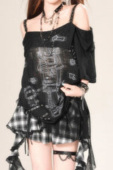 Subculture Loose Lace Sheer Printed Off-Shoulder T-shirt