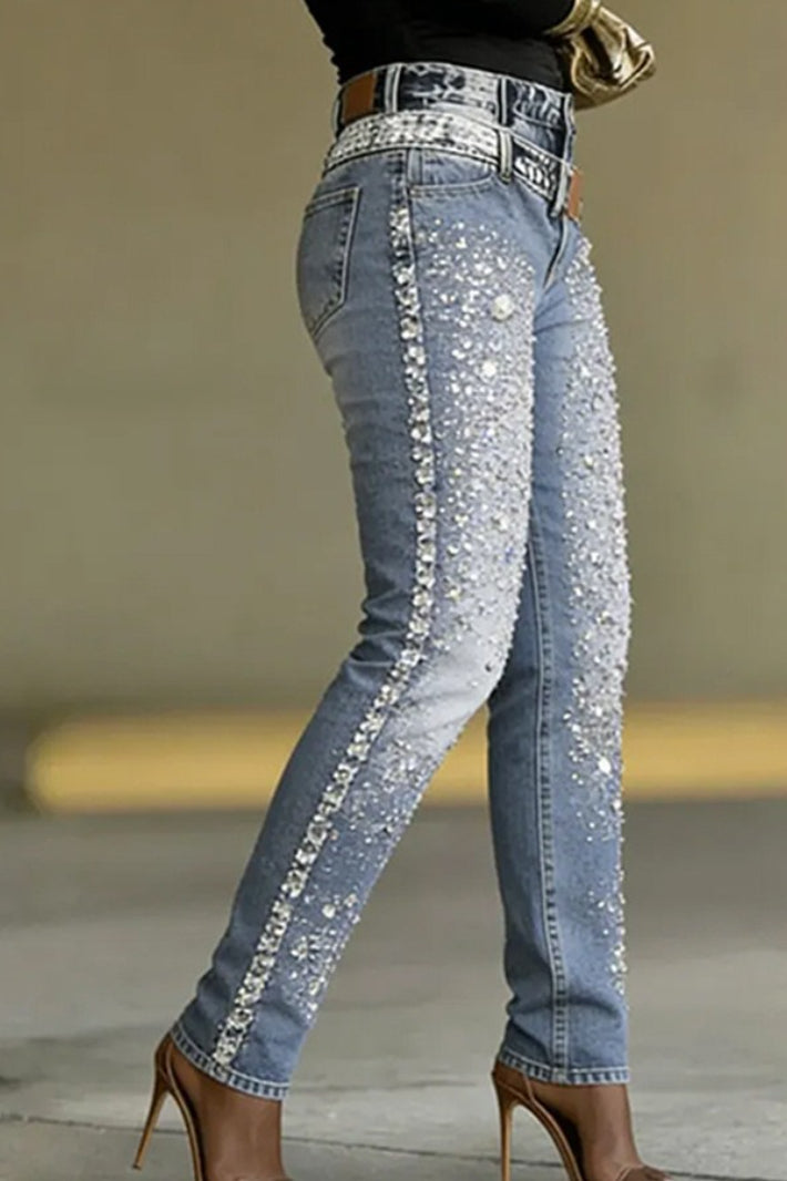 Rhinestone Embellished Straight Leg Jeans