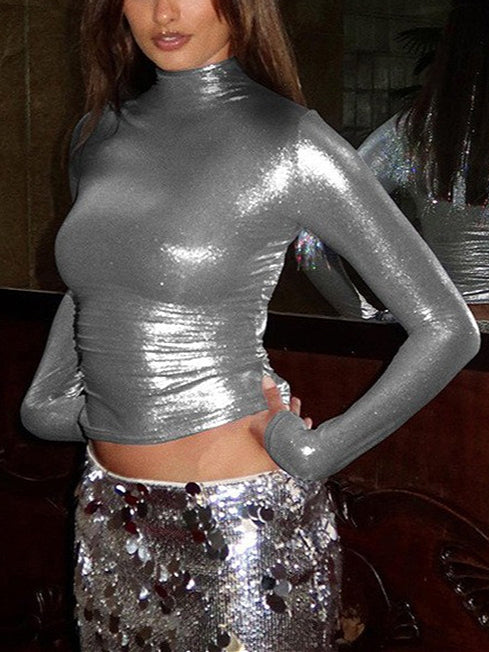 Silver Metallic Foil Long Sleeve High Neck T-shirt