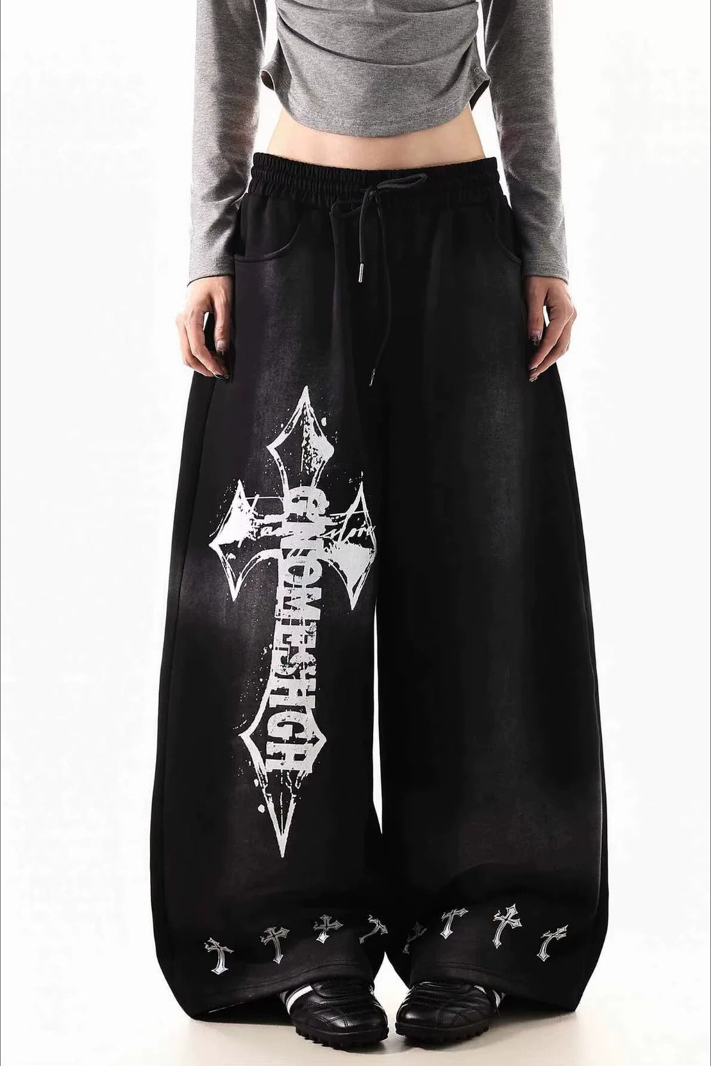 Cross Print Barrel Denim Pants