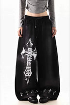 Cross Print Barrel Denim Pants