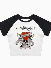 Skull Rose Graphic Vintage Slim T-shirt