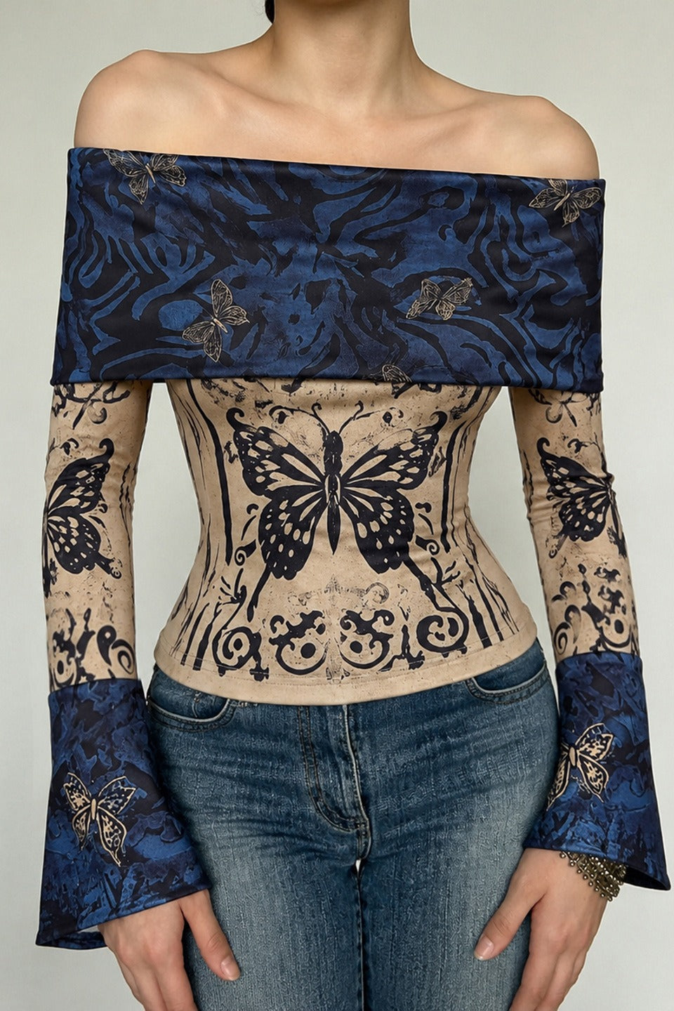 Butterfly Foldover Flared Sleeve Crop Tops