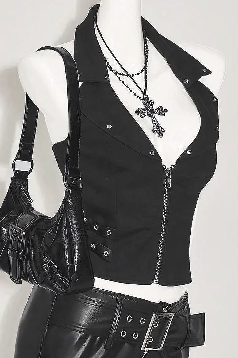 Street Gothic Solid Color Unique Halter Top