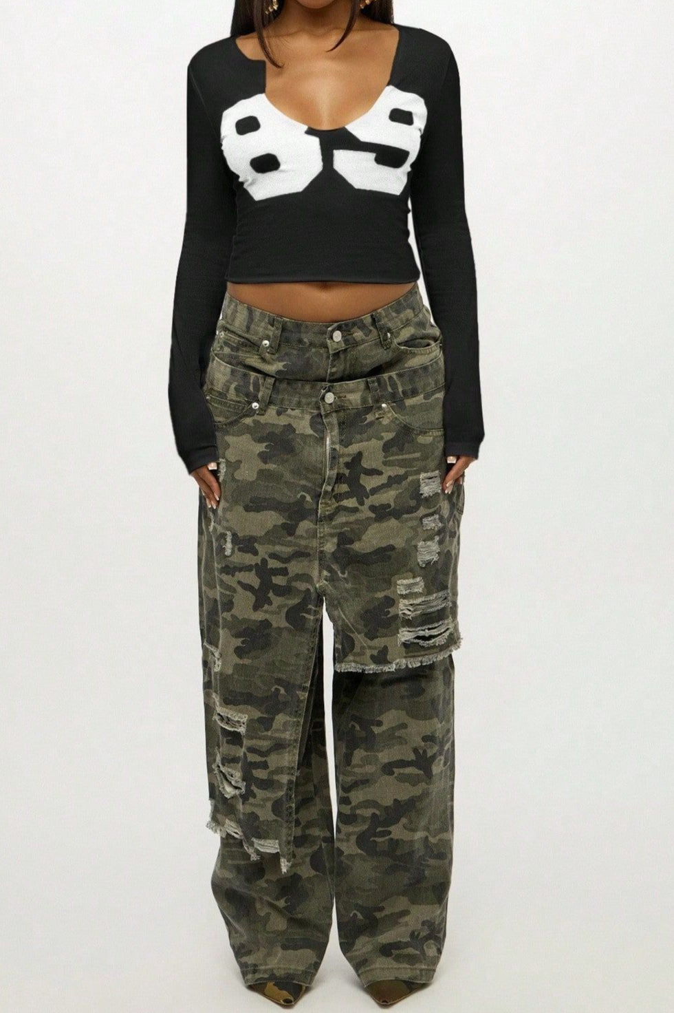Number Print Long Sleeve Crop Tops
