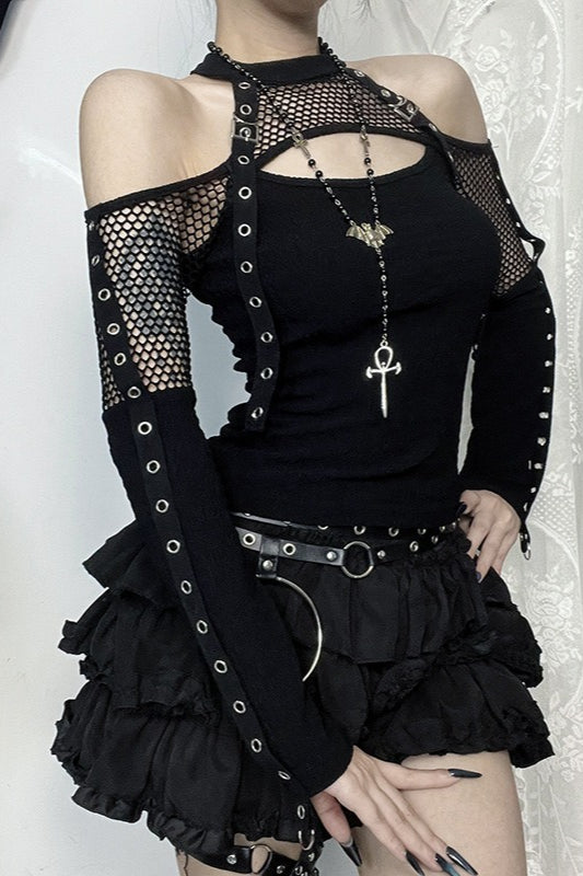 Mesh Patchwork Off Shoulder T-Shirt Main image
