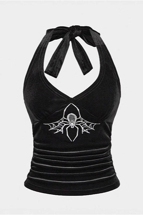 Dark Spider Embroidery Lace-up Halter Top