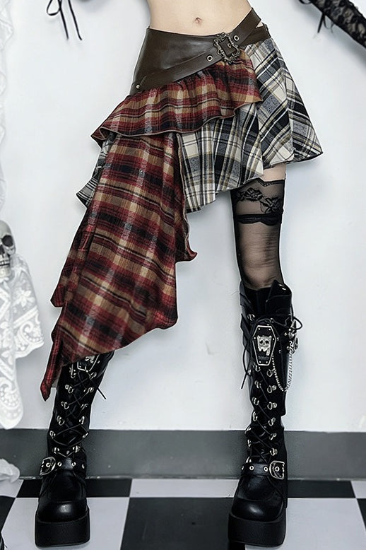 Mixed Plaid Asymmetric Drape Skirts