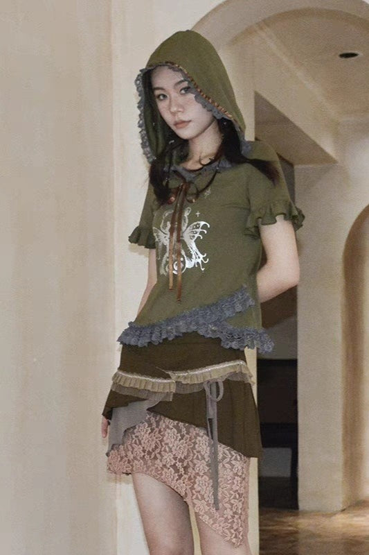 Y2K Khaki Green Hooded  T-shirt Secondary image