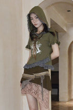 Y2K Khaki Green Hooded  T-shirt