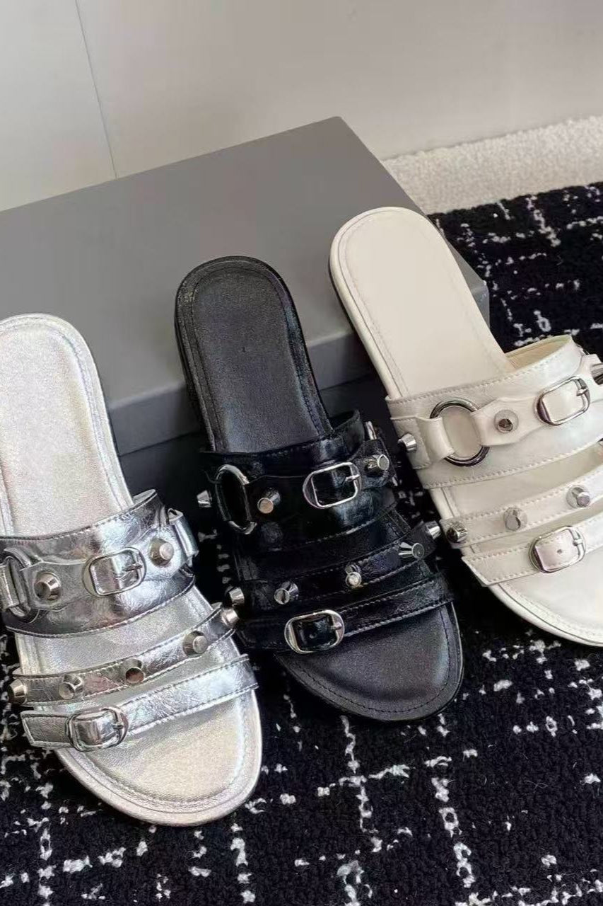 Multi-Buckle Studded Flat Slides