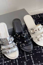 Multi-Buckle Studded Flat Slides