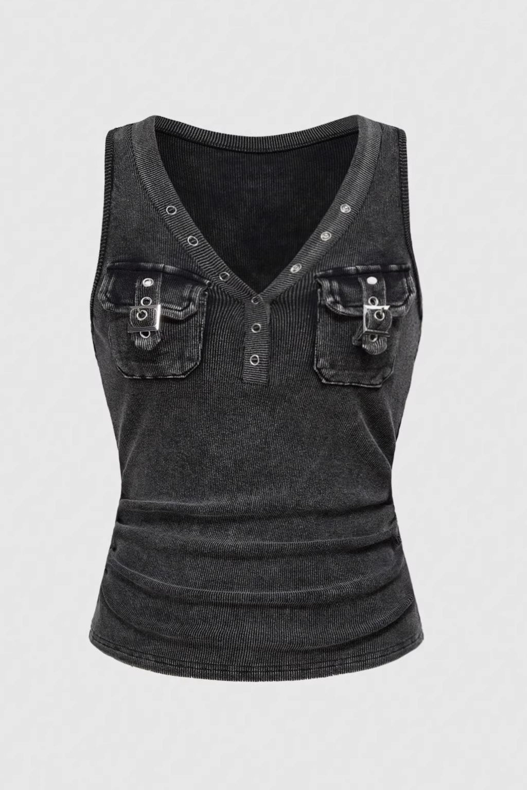 Black Grey Cargo Metal Buckle Tank Top