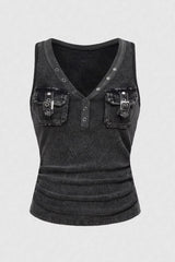 Black Grey Cargo Metal Buckle Tank Top