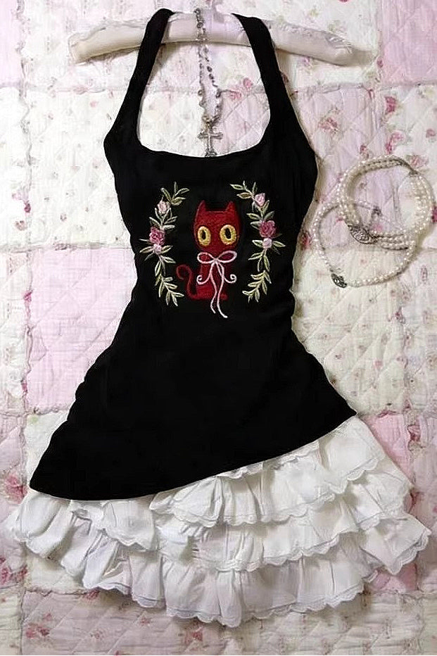Vintage Y2K Cat Embroidery Halter Top