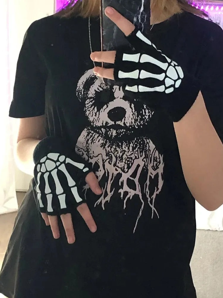 Winter Warm Black Skull Fingerless Gloves Main image