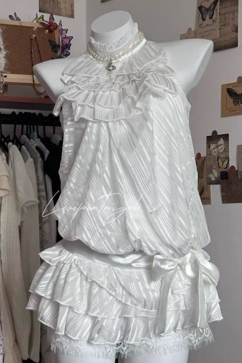 Ruffle Halter Top And Tiered Mini Skirt Set