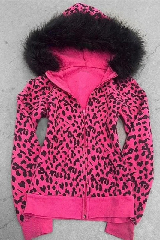 Pink Leopard Print Hooded Zipper Slim Coat Main image