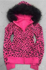 Pink Leopard Print Hooded Zipper Slim Coat