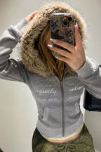 Fluffy Trim Letter Graphic Hoodies