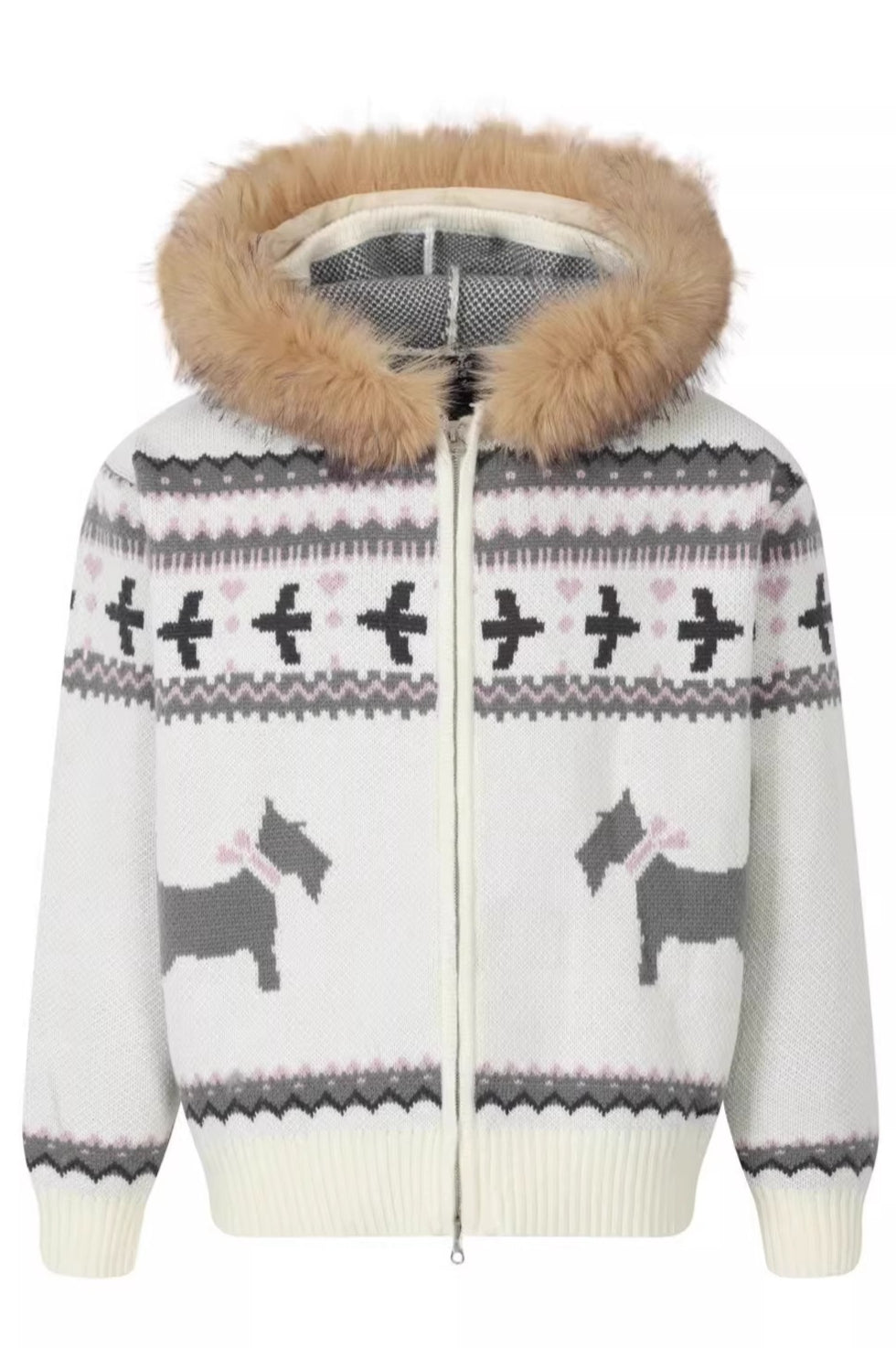 Dog Motif Fluffy Trim Knit Hoodies
