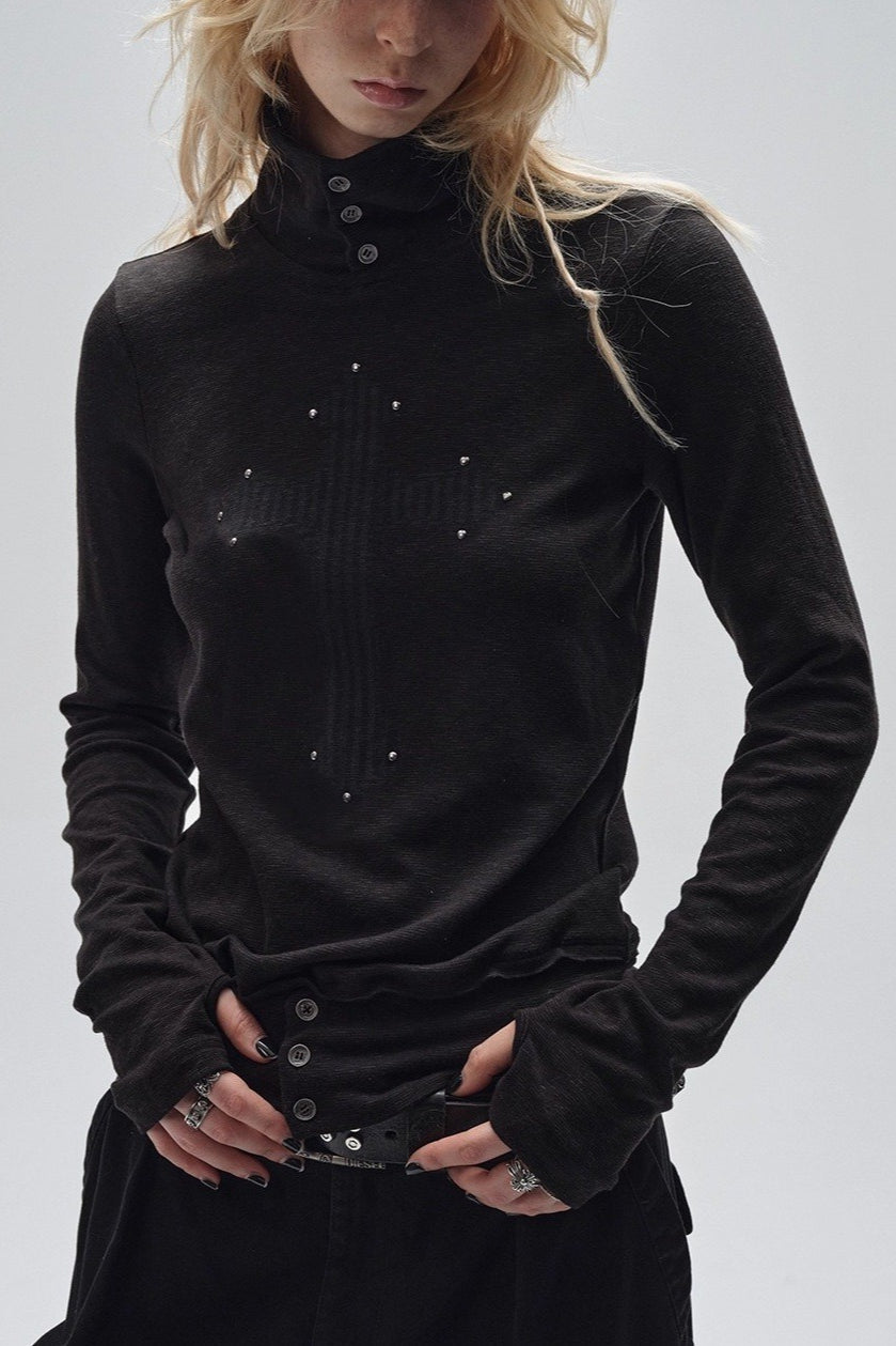 Mock Neck Raw-edge Print Studded Thumbhole Slim Punk Knit Top Secondary image