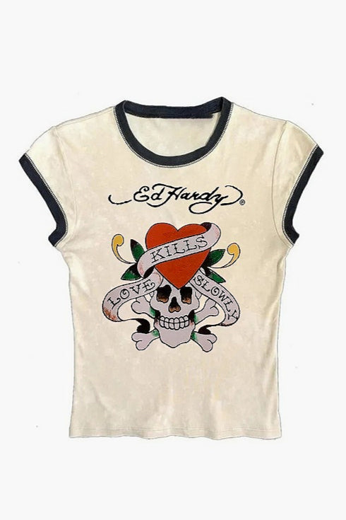 Vintage Skull Rose Print T-shirt