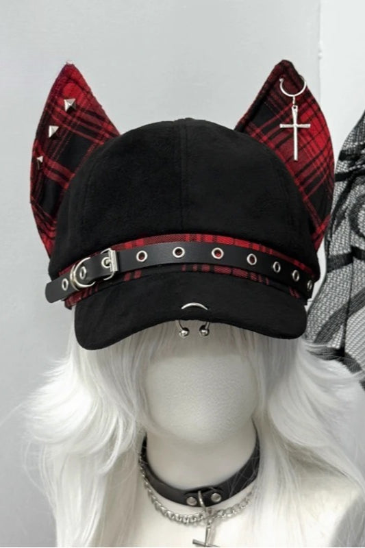 Y2K Gothic Punk Devil Ear Leather Buckle Cross Black Beret Hat Secondary image