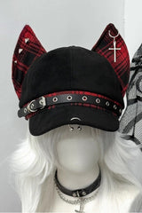 Y2K Gothic Punk Devil Ear Leather Buckle Cross Black Beret Hat