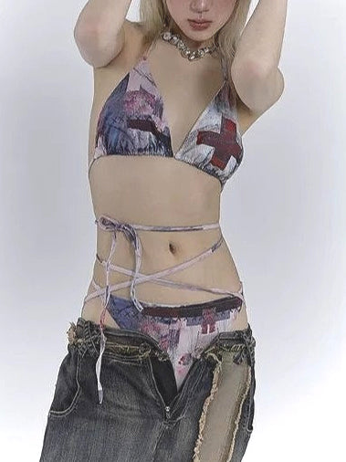 Street Punk Vintage Print Tie-Up Swimwear