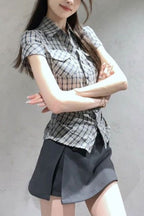 Slim Fit Plaid Short Sleeve Blouse