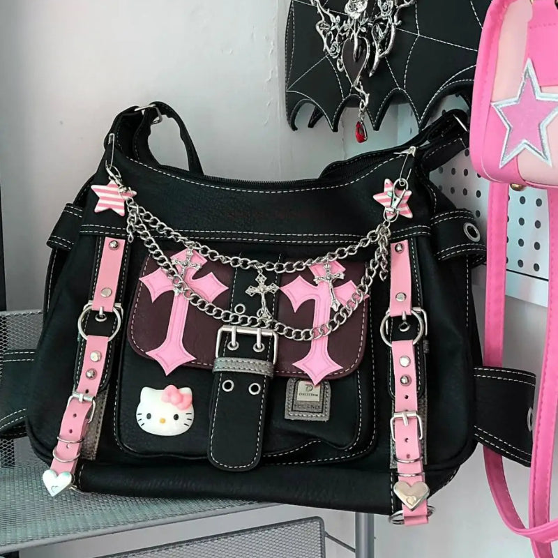 Hello Kitty Gothic Punk Vintage Pink High Capacity Trend Crossbody Bag Hello Kitty / 32X11X26Cm Main image