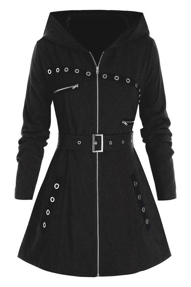 Grommet Belted Hooded Zip Coat Main image