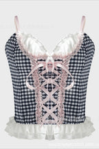 Gingham Lace Up Ruffle Tank Top