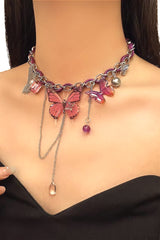 Pink Butterfly Tassel Pendant Leather Necklace
