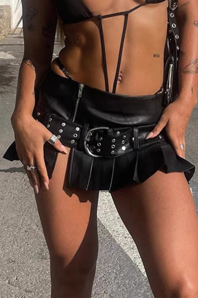 Black Faux Leather Belted Pleated Mini Skirt