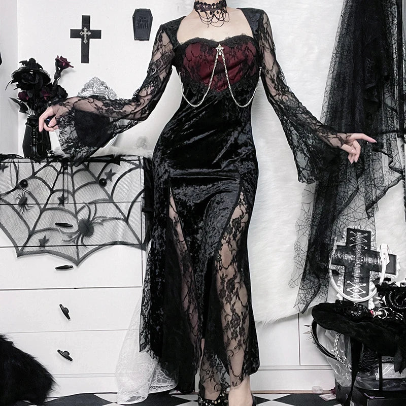 Burgundy Lace Slim Slit Maxi Dress Main image