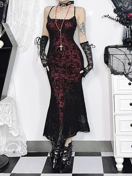 Vintage Cross Pattern Spaghetti Midi Dress