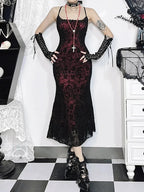 Vintage Cross Pattern Spaghetti Midi Dress