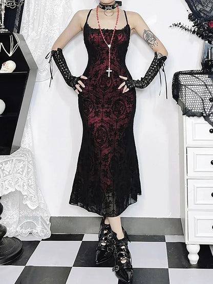 Vintage Cross Pattern Spaghetti Midi Dress
