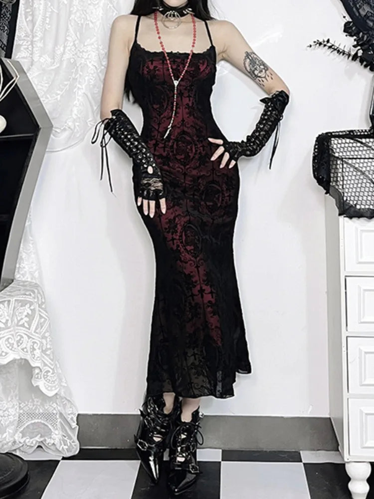 Vintage Cross Pattern Spaghetti Midi Dress