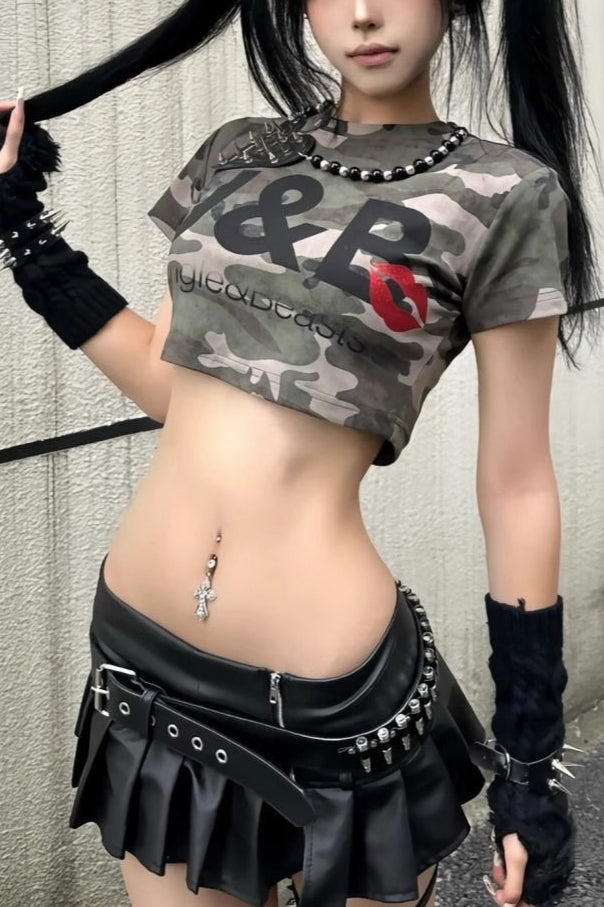 Y2K Distressed Camo Fitted Crop Top