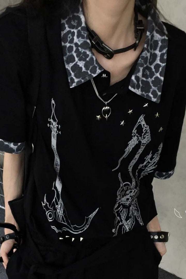 Grunge Leopard Sickle Patchwork Loose Unisex T-shirt Main image