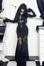 Goth Dark Hooded Cross Hollow Lace Spliced Maxi Dress