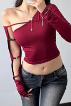 Asymmetric Neck Cutout Long Sleeve Top