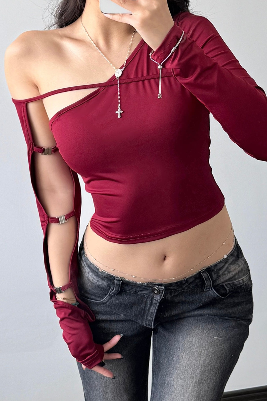 Asymmetric Neck Cutout Long Sleeve Top
