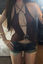 Street Hollow Out Deep V Neck Solid Color Halter Top