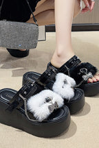 Faux-Fur Heart-Chain Platform Slides
